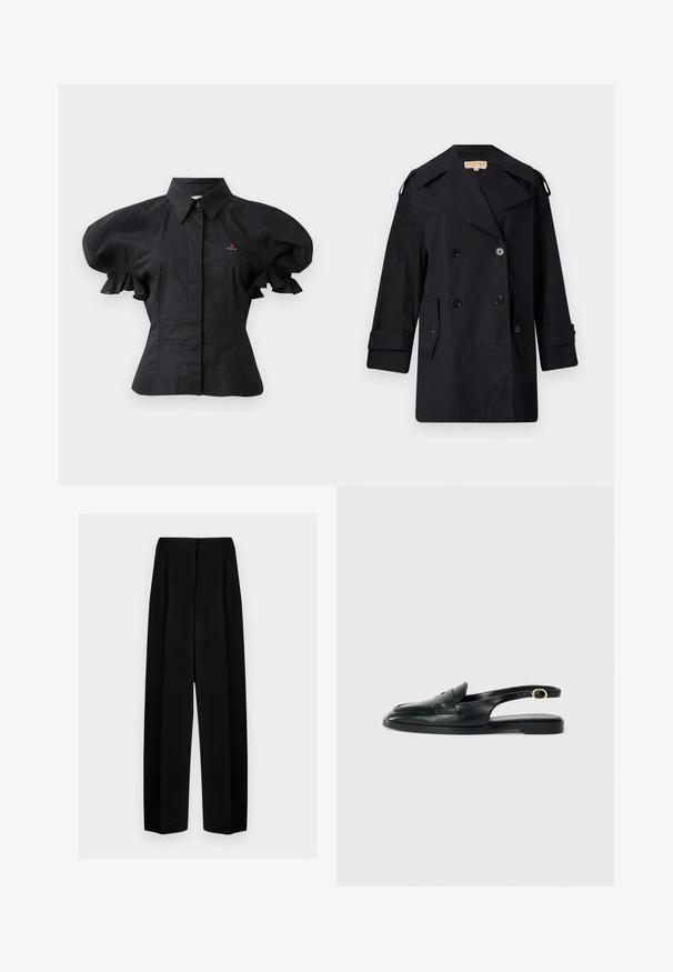 Black double-breasted trench coat with a wide collar, buttons, and side pockets. Made from a smooth fabric with a straight cut and cuffed sleeves.; Black puff-sleeve shirt made of cotton, featuring a collared neck, button closure, and embroidered detail on the chest. Wrinkled texture.; Black wide-leg trousers with a high waist, featuring pleats and a smooth texture. The fabric appears lightweight and drapes elegantly.; Black leather slingback shoe with a rounded toe, flat sole, side cutout, and strap featuring a gold-tone hardware detail.