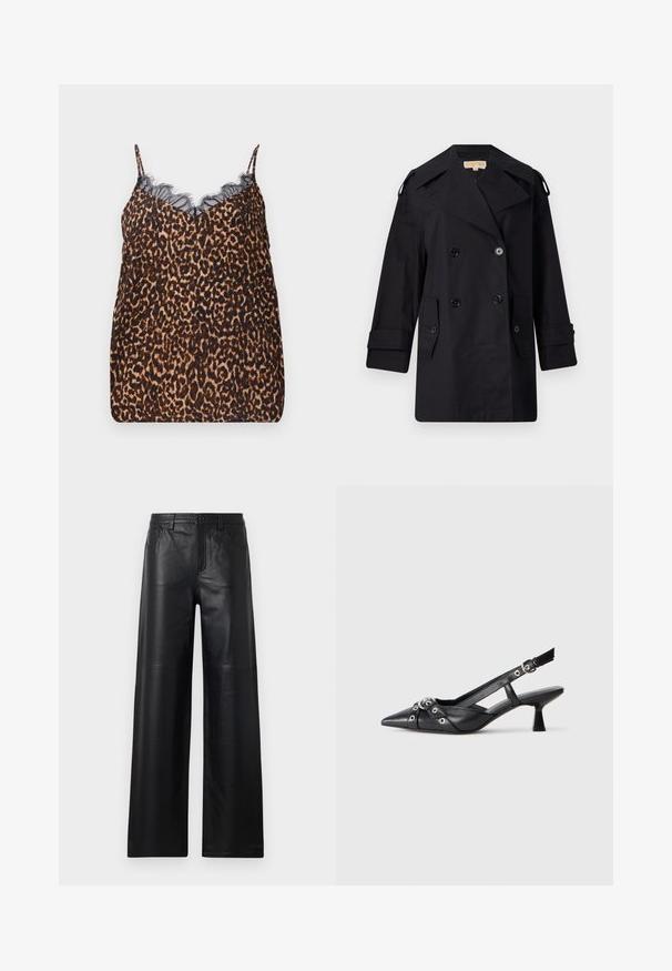Abrigo de trinchera negro de doble botonadura con un amplio cuello, botones y bolsillos laterales. Fabricado en una tela suave con un corte recto y mangas con puños.; Camiseta sin mangas de estampado de leopardo hecha de una tela suave, con delicados bordes de encaje negro a lo largo del escote y tirantes ajustables.; Pantalones de cuero negro de pierna ancha con una textura suave, que cuentan con bolsillos frontales, cierre de botón y sutiles detalles de costura.; Zapato de slingback negro de piel con punta afilada, correas decorativas con ojales de metal y un tacón bajo y ancho. Superficie texturizada.