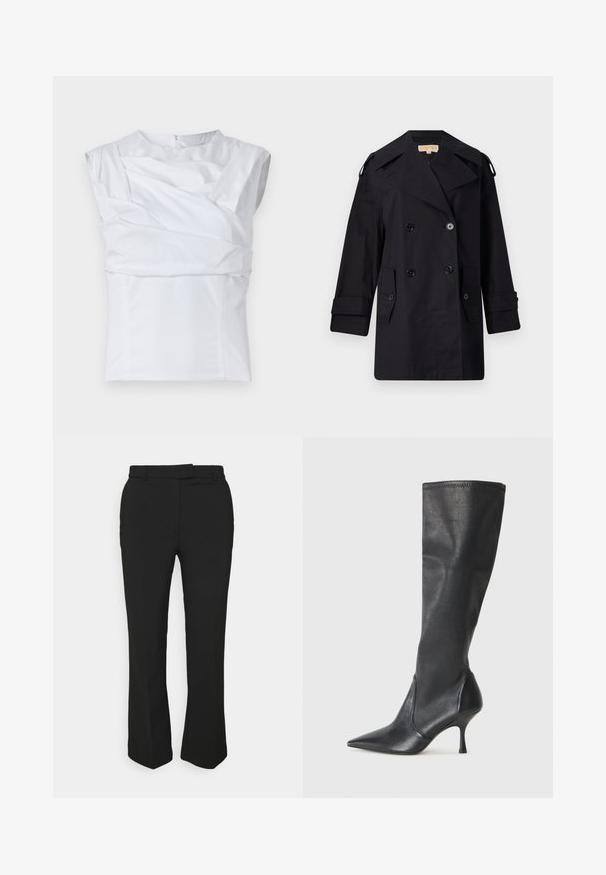 Zwarte dubbelzijdige trenchcoat met een brede kraag, knopen en zijzakken. Gemaakt van een gladde stof met een rechte snit en opgerolde mouwen.; Witte mouwloze top met een gestructureerd ontwerp, voorzien van gedrapeerde stofdetails en een verborgen rits aan de achterkant. Soepele textuur.; Zwarte op maat gemaakte broeken met een recht gesneden ontwerp, voorzien van riemlussen en zijzakken. Gemaakt van een gladde stof met een nette afwerking.; Kniehoge zwarte leren laarzen met een spitse neus en een slanke stilettohak. Glad textuur met een aansluitend ontwerp en stiksels aan de bovenrand.