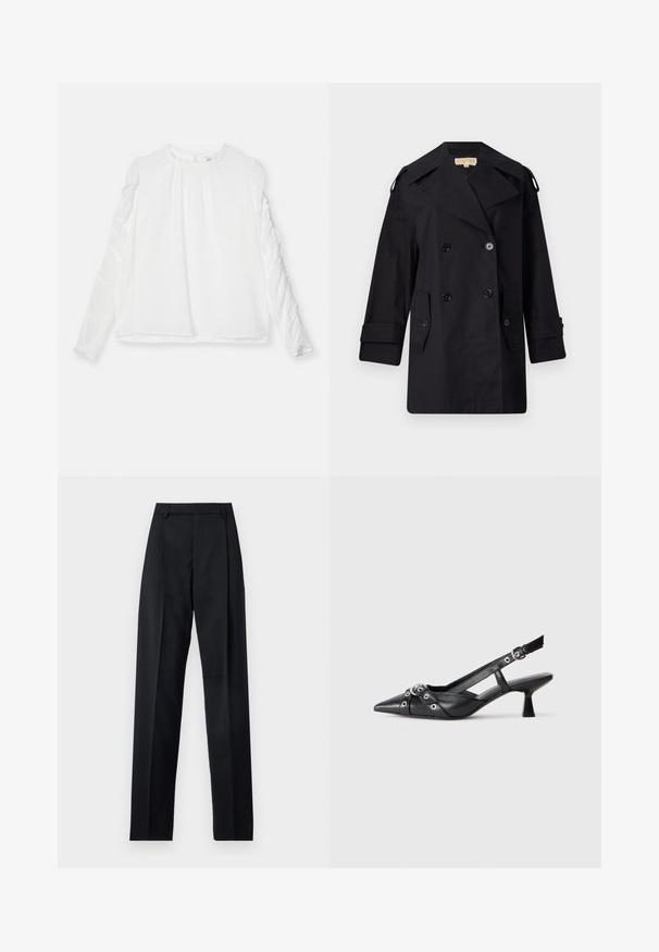 Fekete dupla gombos trench kabát széles gallérral, gombokkal és oldalsó zsebekkel. Simább anyagból készült, egyenes szabású és felhajtott ujjú.; Fehér, hosszú ujjú felső, kerek nyakkivágással és ráncolt részletekkel az ujjakon. Könnyű anyagból készült, laza szabású.; Fekete nadrág sima anyagból, magas derékkal, széles lábakkal, elülső redőkkel és klasszikus övhurkokkal. Oldalzsebek nem láthatók.; Fekete bőr slingback cipő hegyes orral, dekoratív pántokkal, fém szemekkel és alacsony blokk sarkú. Texturált felület.