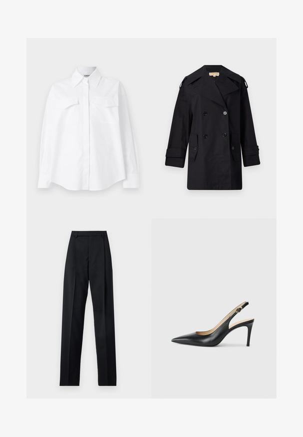 Cappotto trench nero doppiopetto con ampio colletto, bottoni e tasche laterali. Realizzato in un tessuto liscio con taglio dritto e maniche a sbuffo.; Camicia bianca a maniche lunghe con colletto classico, due taschini frontali e vestibilità rilassata. Realizzata in cotone, presenta una texture liscia.; Pantaloni neri realizzati in tessuto morbido, caratterizzati da vita alta, gambe larghe, pince frontali e classiche passanti per cintura. Non ci sono tasche laterali visibili.; Slingback in pelle nera con i tacchi alti a punta, cinturino regolabile e tacco a spillo elegante, caratterizzati da una finitura liscia.