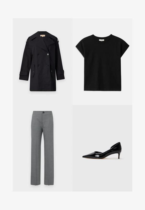 Melnā divrindas trencote ar platu apkakli, pogām un sānu kabatām. Izgatavots no gludas auduma ar taisnu piegriezumu un aproču piedurknēm.; Melnas kokvilnas T-krekls ar apaļu kaklu, īsām piedurknēm un taisnu griezumu. Gluda tekstūra ar minimālu noformējumu.; Pelēki piegulīgi bikses ar taisnu kāju dizainu, kurām ir pogu aizdare, sānu kabatas un gluda, teksturēta auduma virsma.; Melnas lakotas ādas sieviešu kurpes ar norādīto pirkstu un zemu papēdi, attēlotas profilā uz vienkārša gaiši pelēka fona.