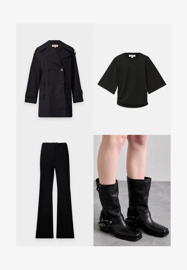 Black double-breasted trench coat with a wide collar, buttons, and side pockets. Made from a smooth fabric with a straight cut and cuffed sleeves.; Black short-sleeve t-shirt made of soft cotton, featuring a round neckline and a relaxed fit with a subtle gathered detail at the side.; Black flared pants featuring a smooth texture, tailored waistband, and front pockets, designed with a sleek, modern silhouette.; Black leather knee-high boots with a square toe, side zipper, and adjustable strap featuring a metal chain accent. Matte finish and sturdy sole.