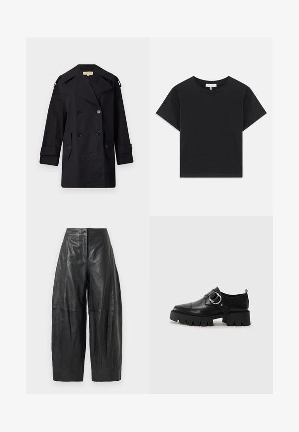 Crni dvostruko duguljasti kaput s širokim ovratom, kopčama i bočnim džepovima. Izrađen je od glatkog materijala s ravnim krojem i rukavima s manžetama.; Crna skraćena majica od pamuka, s okruglim izrezom, kratkim rukavima i jednostavnim dizajnom bez uzoraka ili ukrasa.; Crne kožne hlače širokih nogavica s visokim strukom, s suptilnim šavovima i glatkom teksturom. Skraćena dužina do sredine lista.; Crne kožne cipele s debelim, rebrastim potplatom, koje imaju okrugli srebrni detalj i minimalne šavove.