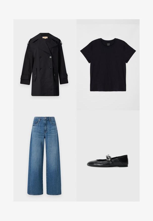 Crni dvostruko duguljasti kaput s širokim ovratom, kopčama i bočnim džepovima. Izrađen je od glatkog materijala s ravnim krojem i rukavima s manžetama.; Crna majica s kratkim rukavima izrađena od mekog pamuka. Klasičan dizajn s okruglim izrezom, s jednostavnom, neukrašenom površinom i opuštenim krojem.; Široke plave traperice s srednjim pranjem, visokog struka, s pet džepova i suptilnim iznošenjem. Napravljene od traper tkanine s glatkom teksturom.; Crne kožne baletanke s špicastim nosom, s remenom s okruglom metalnom kopčom i ravnim potplatom.