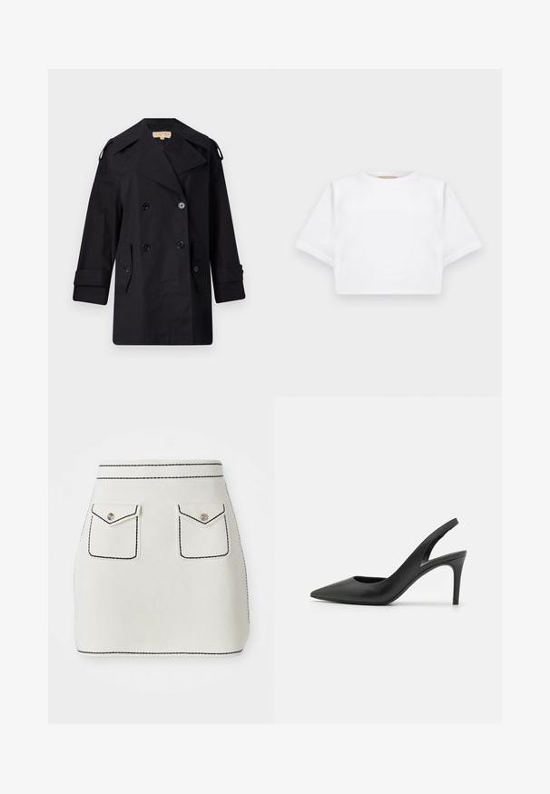 Črn dvojnikičasti plašč s širokim ovratnikom, gumbi in stranskimi žepi. Narejen iz gladkega materiala, z ravnim krojem in manšetami.; Kratka bela majica iz mehkega materiala, s kratkimi rokavi, okroglega izreza in rebrastimi robovi. Preprost in neokrašen dizajn.; Bela mini krilca iz tkanine z črnimi šivi, ki ima dva sprednja žepa s poklopci in srebrnimi gumbnimi detajli. Gladka tekstura s strukturirano obliko.; Črne usnjene slingback visokih petah s koničastim nosom, ki vključujejo izrez spredaj in tanko stilettoteko.