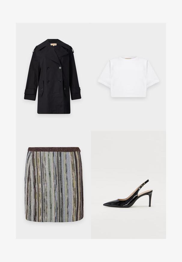Manteau trench noir à double boutonnage avec un large col, des boutons et des poches latérales. Fabriqué en tissu lisse avec une coupe droite et des manches retroussées.; T-shirt blanc court en tissu doux, avec des manches courtes, un col rond et des détails en côtes sur l'ourlet. Design simple et sans embellissement.; Jupe courte et ajustée avec des rayures verticales multicolores dans des nuances de vert, noir et marron, dotée d'une taille élastique texturée.; Pompe slingback en cuir verni noir avec un bout pointu, un talon fin et un design de découpes subtil. Elle dispose d'une boucle dorée sur la sangle.