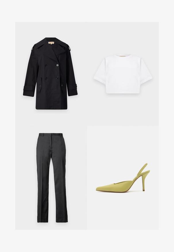 Abrigo de trinchera negro de doble botonadura con un amplio cuello, botones y bolsillos laterales. Fabricado en una tela suave con un corte recto y mangas con puños.; Camiseta blanca corta hecha de una tela suave, con mangas cortas, escote redondo y detalles de ribete en el dobladillo. Diseño simple y sin adornos.; Pantalones de traje negros a medida, confeccionados con una tela suave. Presentan un diseño de pierna recta, con frente plano y un sutil detalle de pliegue.; GIABORGHINI OCTAVIE - Zapatos altos - green