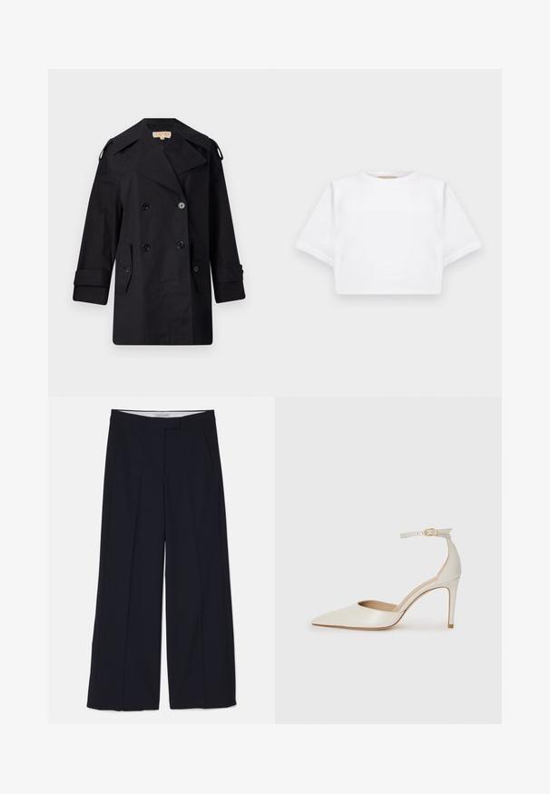Zwarte dubbelzijdige trenchcoat met een brede kraag, knopen en zijzakken. Gemaakt van een gladde stof met een rechte snit en opgerolde mouwen.; Gemiddelde witte T-shirt gemaakt van zachte stof, met korte mouwen, een ronde halslijn en geribbelde zoomdetails. Eenvoudig en ongecompliceerd ontwerp.; Marineblauwe wijde broek in een gladde, lichte stof. Beschikt over voorzakken en een getailleerde tailleband met een strakke afwerking.; Witte leren hoge hak schoen met een spitse neus, enkelbandje en een slanke stiletto hiel. Gladde textuur met een subtiele glanzende afwerking.