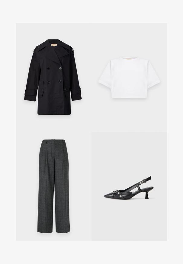 Juodas dvigubas paltas su plačiu apykakle, mygtukais ir šoninėmis kišenėmis. Pagamintas iš lygaus audinio su tiesia kirpimo linija ir rankovėmis su atvartais.; Trumpas baltas marškinėliai iš minkštos medžiagos, su trumpomis rankovėmis, apvaliu iškirpimu ir raukšlėtais hemų detalėmis. Paprastas ir be puošmenų dizainas.; Pilki plačiakelniai keliai su tekstūruota medžiaga, turintys priekinės raukšlės, aukštą liemenį ir pritaikytą kirpimą, suteikiantį struktūrizuotą išvaizdą.; Juodas odinis slingback tipo batai su smailiu priekiniu atvartu, dekoratyvinėmis sagtimis su metaliniais akyčiais ir žemu blokiniu kulnu. Saldus paviršius.