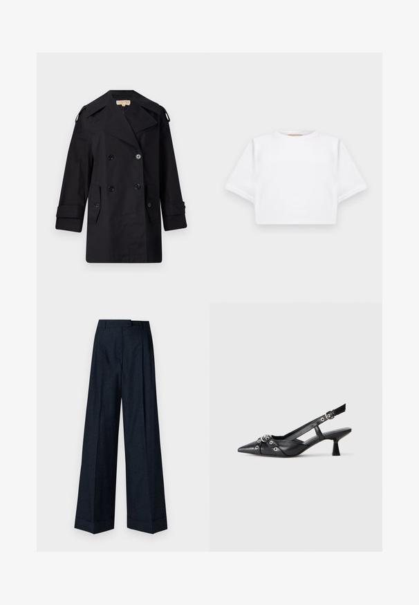 Black double-breasted trench coat with a wide collar, buttons, and side pockets. Made from a smooth fabric with a straight cut and cuffed sleeves.; Cropped white t-shirt made of soft fabric, featuring short sleeves, a round neckline, and ribbed hem details. Simple and unembellished design.; Wide-leg trousers in dark navy, featuring a subtle textured floral pattern, tailored waistband, and crisp cuffs at the hem.; Black leather slingback shoe with a pointed toe, decorative straps featuring metal eyelets, and a low block heel. Textured surface.