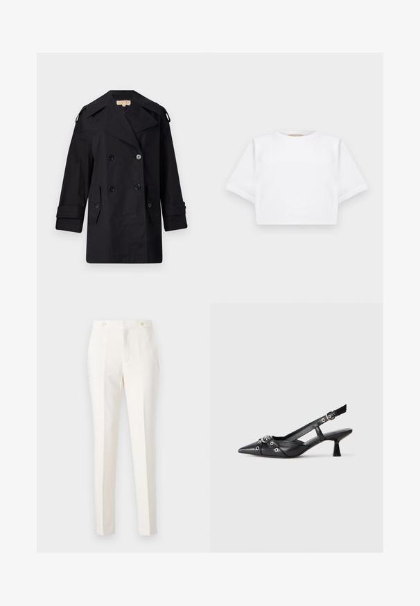 Cappotto trench nero doppiopetto con ampio colletto, bottoni e tasche laterali. Realizzato in un tessuto liscio con taglio dritto e maniche a sbuffo.; T-shirt bianca cropped realizzata in tessuto morbido, con maniche corte, scollo rotondo e dettagli a costine sull'orlo. Design semplice e senza fronzoli.; Pantaloni bianchi su misura a vestibilità slim, con due tasche frontali, chiusura a doppio bottone e dettagli laterali sottili. Texture liscia.; Scarpa slingback nera in pelle con punta affusolata, cinturini decorativi con occhielli metallici e tacco basso a blocco. Superficie testurizzata.