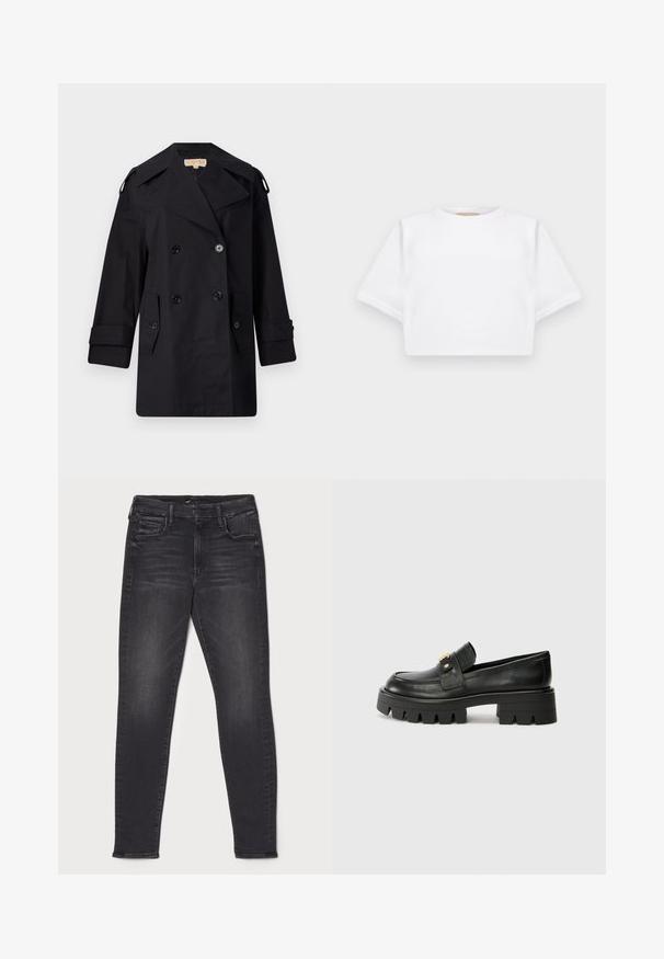Μαύρο παλτό trench διπλής όψης με φαρδιά κολάρο, κουμπιά και πλαϊνές τσέπες. Κατασκευασμένο από λεία ύφασμα με ίσια γραμμή και μανίκια με φάσες.; Κομμένη λευκή μπλούζα φτιαγμένη από μαλακό ύφασμα, με κοντά μανικά και στρογγυλή λαιμόκοψη, καθώς και ριγωτές λεπτομέρειες στο τελείωμα. Απλός και χωρίς διακοσμήσεις σχεδιασμός.; Μαύρο τζιν σλιπ με μαλακή υφή, διαθέτοντας πέντε τσέπες, κλείσιμο με φερμουάρ και απαλό ξεθώριασμα κατά μήκος των μηρών.; Μαύρες δερμάτινες loafers με χοντρή σόλα, που διαθέτουν ένα χρυσό τόνο μπροστά και λεία φινίρισμα. Σχεδίαση χοντρής προφίλ στη σόλα.