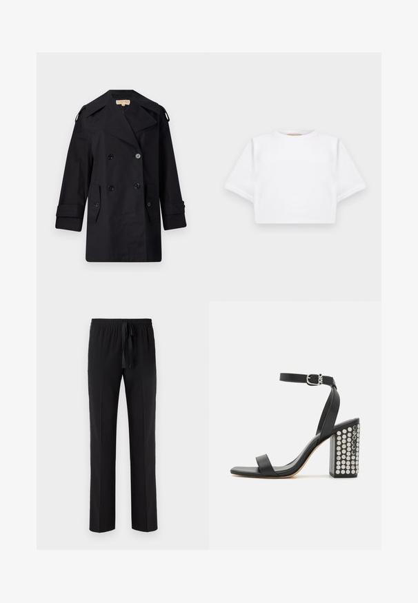 Black double-breasted trench coat with a wide collar, buttons, and side pockets. Made from a smooth fabric with a straight cut and cuffed sleeves.; Cropped white t-shirt made of soft fabric, featuring short sleeves, a round neckline, and ribbed hem details. Simple and unembellished design.; Black trousers with an elastic waistband and adjustable drawstring, featuring a straight leg design and smooth texture. No patterns or accents.; Black leather heeled sandals with an ankle strap. Features a square toe, smooth texture, and square block heel adorned with silver studs.