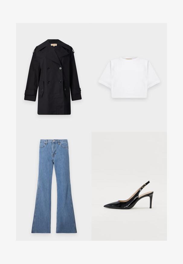 Sort dobbeltradet trenchcoat med bred krave, knapper og sidetaske. Lavet af et glat stof med lige snit og manchetter.; KFrakelse hvid t-shirt lavet af blødt stof, med korte ærmer, rund halsudskæring og ribbede nederste detaljer. Enkel og udekoreret design.; Lyseblå denim flared jeans med høj talje, der har et klassisk fem-lomme design og kontrastsyninger langs sømmene.; Sort patenteret læder slingback stiletto med spids tå, slank hæl og et subtilt udskæringsdesign. Har en gylden spænde på remmen.