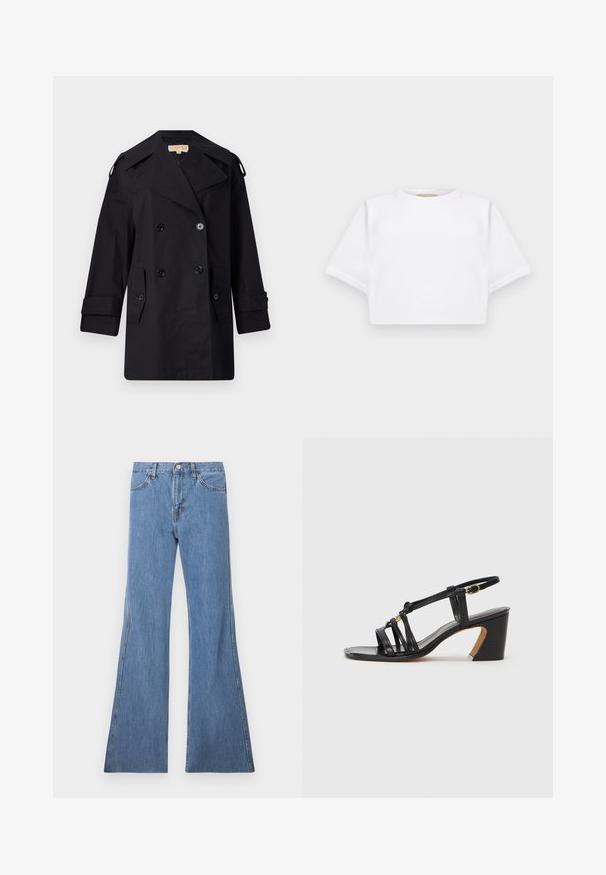 Fekete dupla gombos trench kabát széles gallérral, gombokkal és oldalsó zsebekkel. Simább anyagból készült, egyenes szabású és felhajtott ujjú.; Rövid ujjú, puha anyagból készült, vágott fehér póló, kör alakú nyakkivágással és bordázott alsó résszel. Egyszerű és díszítetlen kialakítás.; Világoskék, bővülő szabású farmernadrág magas derékkal, klasszikus, öt zsebes dizájnnal és kontrasztos varrással az varratok mentén.; Paul Smith AMIRA - Klasszikus sarkú cipők - black