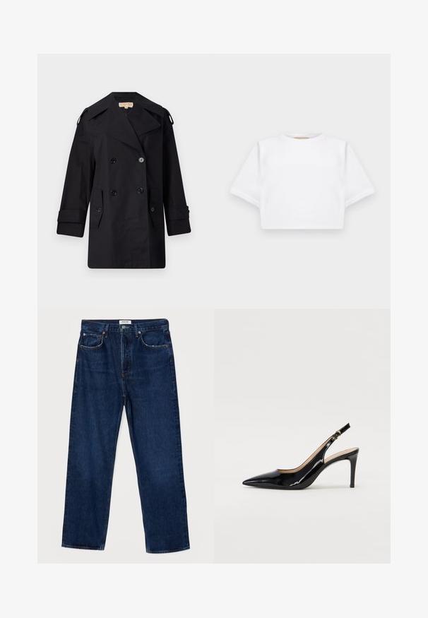 Crni dvostruko duguljasti kaput s širokim ovratom, kopčama i bočnim džepovima. Izrađen je od glatkog materijala s ravnim krojem i rukavima s manžetama.; Skraćena bijela majica od mekog materijala, s kratkim rukavima, okruglim izrezom i rebrastim detaljima na rubu. Jednostavan i neukrašen dizajn.; Tamno plave traperice s visokim strukom, ravnog kroja, dizajnom s pet džepova i kontrastnim šavovima. Imaju zatvaranje na dugme i petlje za remen.; Crne lakirane slingback cipele s oštrim vrhom, uskim potpeticama i suptilnim izrezom. Sadrže zlatnu kopču na traku.