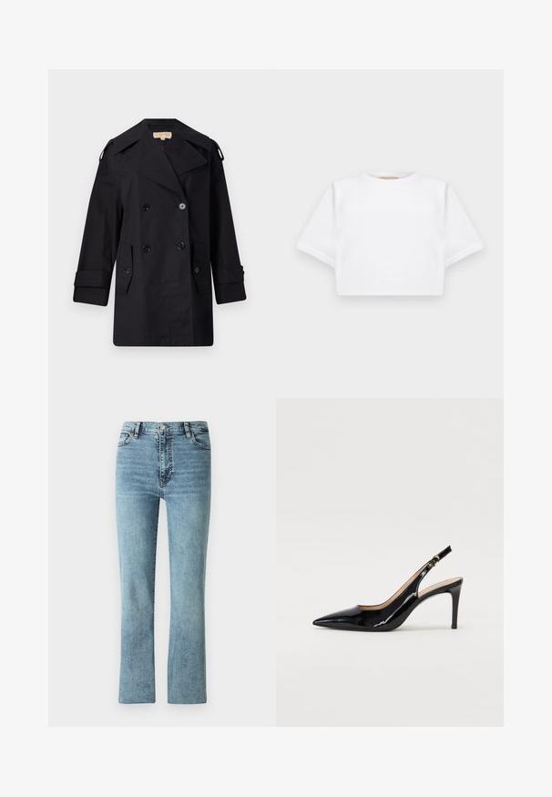 Must musta kahekordne trench coat laia kraega, nuppude ja küljetaskutega. Valmistatud siledast kangast, sirge lõike ja mansettidega varrukatega.; Lühikeste varrukatega, pehmest kangast lõigatud valge T-särk, millel on ümar kaelus ja soonikuga ääred. Lihtne ja ilma kaunistusteta disain.; Heledad sinine teksapüksid otse jala disainiga, kõrge vöökoht ja peene kulumine. Omab klassikalist viit taskut ja metallist tarvikuid.; Must hõbedavärvi patendiga slingback kontsakingad terava varbaga, kitsas konts ja peene lõikega disain. Statistika on kuldne pandla rihmal.