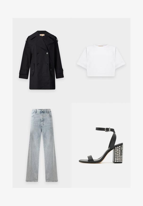 Cămașă neagră, cu dublu rând de nasturi, trenci cu guler larg, nasturi și buzunare laterale. Fabricată dintr-un material neted, cu o croială dreaptă și mâneci cu mansete.; Tricou alb scurt dintr-un material moale, cu mâneci scurte, decolteu rotund și detalii ribbrate la margine. Design simplu și fără embellishments.; Jeans din denim de culoare albastru deschis, cu talie înaltă, siluetă cu picioare largi, design tradițional cu cinci buzunare și efecte subtile de uzură.; Sandale cu toc din piele neagră, cu o curea la gleznă. Au vârf pătrat, textură netedă și toc pătrat bloc decorat cu capse argintii.