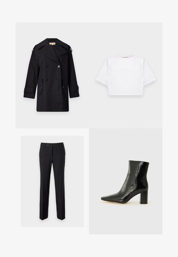 Schwarzer doppelter Trenchcoat mit breitem Kragen, Knöpfen und Seitentaschen. Hergestellt aus einem glatten Stoff mit geradem Schnitt und umgeschlagenen Ärmeln.; Beschnittenes weißes T-Shirt aus weichem Stoff, mit kurzen Ärmeln, rundem Halsausschnitt und gerippten Saumdetails. Einfaches und schnörkelloses Design.; Schwarz gestreifte Hosen aus strukturiertem Stoff. Mit flacher Vorderseite, Gürtelschlaufen und geraden Beinen. Keine sichtbaren Beschläge oder Akzente.; Schwarze Knöchelstiefelette aus glänzendem Leder mit spitzem Zeh und klobigem, quadratischem Absatz. Verfügt über eine glatte Textur und ein minimalistisches Design.
