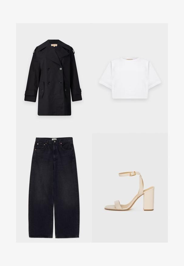 Black double-breasted trench coat with a wide collar, buttons, and side pockets. Made from a smooth fabric with a straight cut and cuffed sleeves.; Cropped white t-shirt made of soft fabric, featuring short sleeves, a round neckline, and ribbed hem details. Simple and unembellished design.; Wide-leg black denim jeans with copper buttons, two front pockets, and a smooth texture. Clean design with a straight cut.; Beige high-heeled sandal with a square toe, thin ankle strap, and block heel. Smooth leather texture with a gold buckle detail.