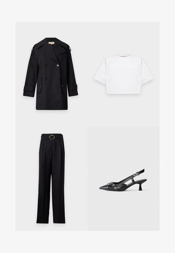 Black double-breasted trench coat with a wide collar, buttons, and side pockets. Made from a smooth fabric with a straight cut and cuffed sleeves.; Cropped white t-shirt made of soft fabric, featuring short sleeves, a round neckline, and ribbed hem details. Simple and unembellished design.; Black, high-waisted trousers with a wide leg design, featuring a twisted gold buckle on the belt. Smooth fabric with subtle sheen.; Black leather slingback shoe with a pointed toe, decorative straps featuring metal eyelets, and a low block heel. Textured surface.