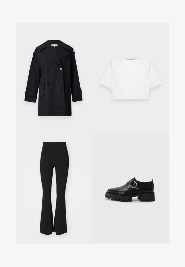 Fekete dupla gombos trench kabát széles gallérral, gombokkal és oldalsó zsebekkel. Simább anyagból készült, egyenes szabású és felhajtott ujjú.; Rövid ujjú, puha anyagból készült, vágott fehér póló, kör alakú nyakkivágással és bordázott alsó résszel. Egyszerű és díszítetlen kialakítás.; Fekete, bővülő nadrág rugalmas anyagból, magas derékkal és sima, díszítetlen felszínnel. Egyszerű és testhezálló dizájn.; Fekete bőr cipők tömzsi, bordázott talppal, kerek ezüst hardware díszítéssel és minimális varrási részletekkel.