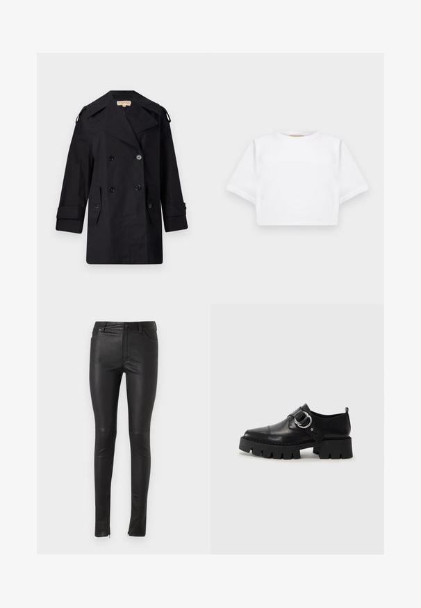 Melnā divrindas trencote ar platu apkakli, pogām un sānu kabatām. Izgatavots no gludas auduma ar taisnu piegriezumu un aproču piedurknēm.; Izgriezta balta T-krekla no mīksta auduma, ar īsām piedurknēm, apaļu apkakli un ribota apakšmala. Vienkāršs un neizpušķots dizains.; Melnas mākslīgās ādas bikses ar šauru piegriezumu, ar rāvējslēdzēja detaļu pie potītes un standarta kabatas dizainu. Gluda struktūra un spīdīga virsma.; Melni ādas apavi ar masīvu, rievojumu zoli, ar apaļu sudraba aksesuāru un minimālām šuvēm.