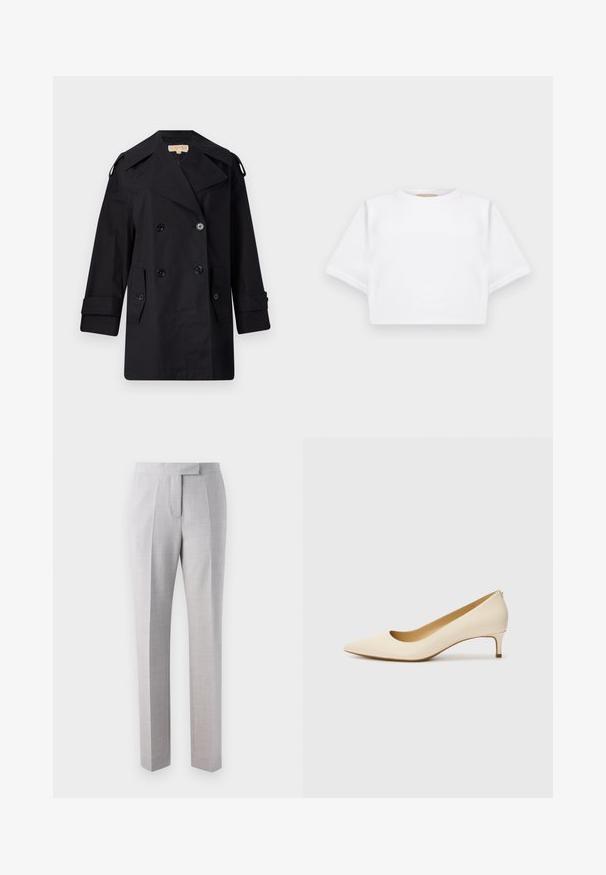 Fekete dupla gombos trench kabát széles gallérral, gombokkal és oldalsó zsebekkel. Simább anyagból készült, egyenes szabású és felhajtott ujjú.; Rövid ujjú, puha anyagból készült, vágott fehér póló, kör alakú nyakkivágással és bordázott alsó résszel. Egyszerű és díszítetlen kialakítás.; Világosszürke, szabott nadrág finom textúrájú anyagból, lapos elülső résszel, redőkkel és egyenes lábbu mellett. A derékon ül.; Sima, szintetikus anyagból készült bézs, hegyes orrú magassarkú, alacsony sarokkal és slip-on dizájnnal, diszkrét hátsó részletekkel.