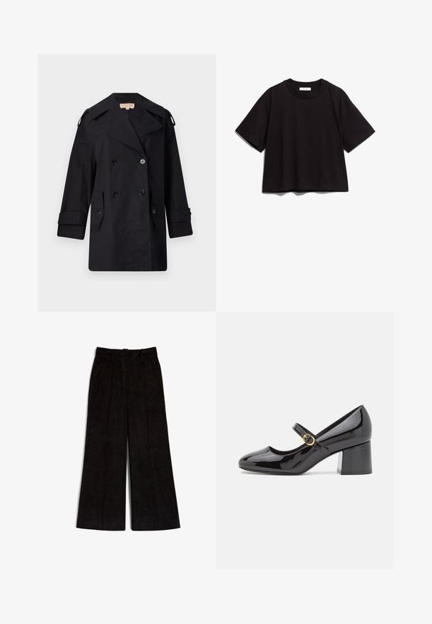 Black double-breasted trench coat with a wide collar, buttons, and side pockets. Made from a smooth fabric with a straight cut and cuffed sleeves.; Black cotton crop t-shirt with a round neckline and short sleeves. Features a relaxed fit and simple, unembellished design.; Black wide-leg corduroy trousers featuring a textured surface and two front pleats, designed with a standard waist and straight hemline.; Stuart Weitzman STUART - Classic heels - black