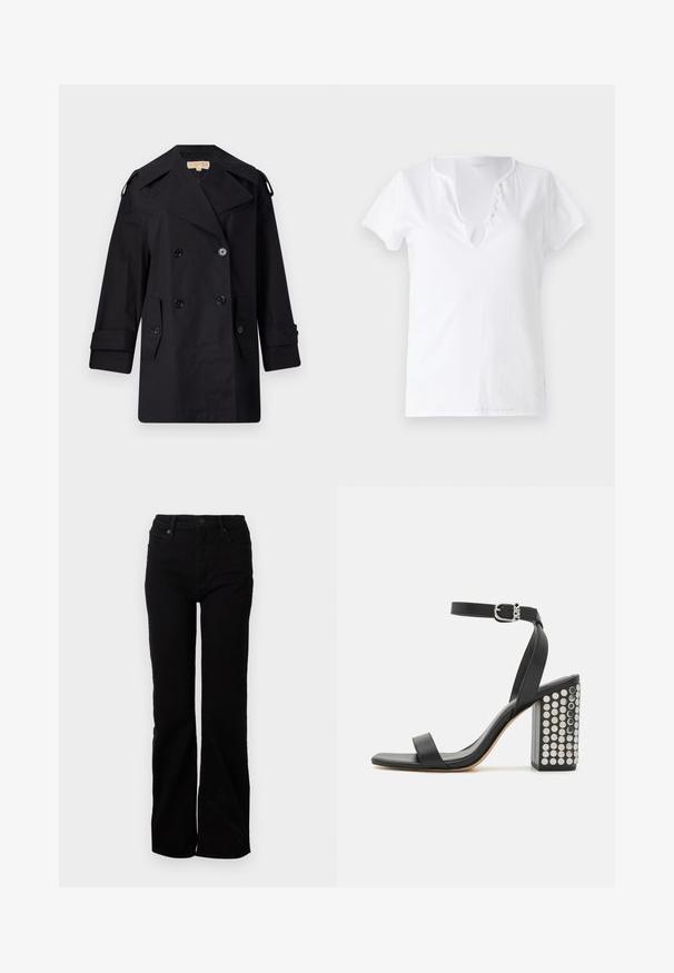 Abrigo de trinchera negro de doble botonadura con un amplio cuello, botones y bolsillos laterales. Fabricado en una tela suave con un corte recto y mangas con puños.; Camiseta de algodón blanca de manga corta, con un corte relajado y un escote en V que presenta una tapeta con cinco botones decorativos.; Jeans de mezclilla negra con un diseño de pierna recta, estilo de cinco bolsillos, cierre frontal con botón y una textura sutil. Sin patrones visibles ni acentos.; Sandalias de tacón de cuero negro con correa en el tobillo. Presentan una punta cuadrada, textura suave y un tacón cuadrado decorado con tachuelas plateadas.