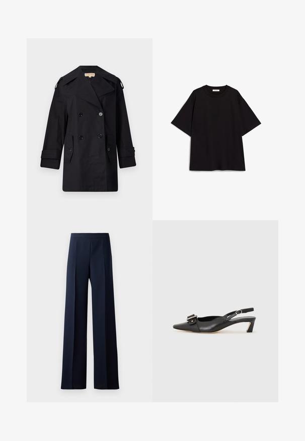 Fekete dupla gombos trench kabát széles gallérral, gombokkal és oldalsó zsebekkel. Simább anyagból készült, egyenes szabású és felhajtott ujjú.; Fekete pamut póló laza illeszkedéssel, rövid ujjakkal, kerek nyakkivágással és sima textúrával. Nincsenek minták vagy díszítmények.; Sötét navy színű, bő szárú nadrág, sima textúrával, enyhe elülső redőkkel és egyenes vonalú siluettel rendelkező, testhez simuló derékkal.; Fekete bőr szandál kis sarkú, hegyes orral, díszes csattal a felsőrészen. Simább textúra, minimalista design.
