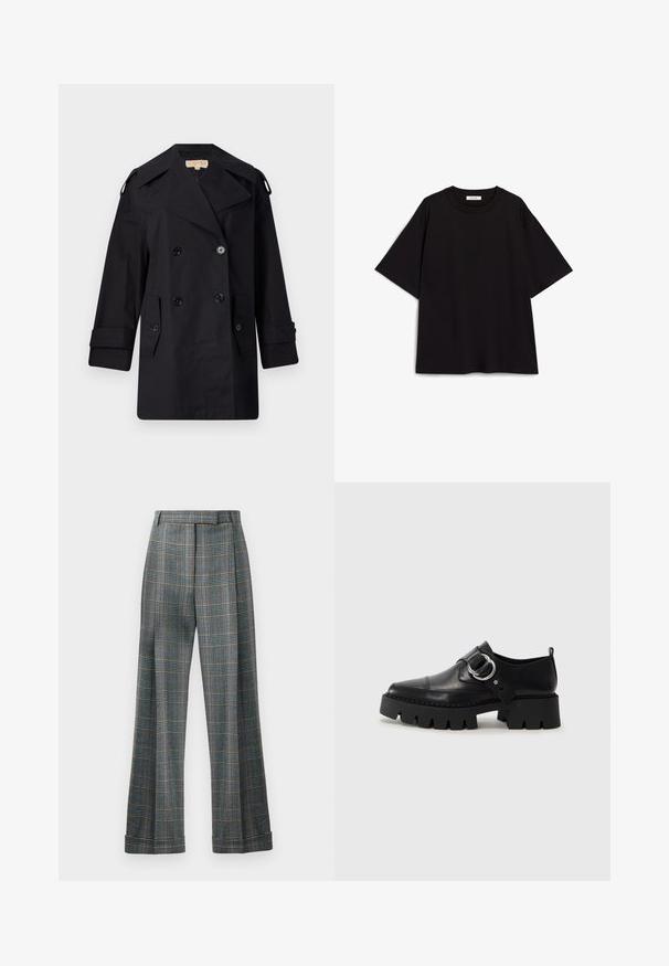 Manteau trench noir à double boutonnage avec un large col, des boutons et des poches latérales. Fabriqué en tissu lisse avec une coupe droite et des manches retroussées.; T-shirt en coton noir avec une coupe décontractée, des manches courtes, un col rond et une texture lisse. Aucun motif ni accent.; Pantalons à carreaux présentant une palette de couleurs bleu, gris et orange, avec une coupe large et des plis marqués ; fabriqués en tissu texturé.; Chaussures noires en cuir avec une semelle épaisse et côtelée, présentant un accent en métal argenté circulaire et des détails de couture minimalistes.
