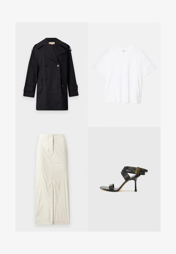 Melnā divrindas trencote ar platu apkakli, pogām un sānu kabatām. Izgatavots no gludas auduma ar taisnu piegriezumu un aproču piedurknēm.; Balta kokvilnas T-krekls ar īsām piedurknēm, apaļu dekoltē, brīva piegriezuma un šūtu apakšmalu. Etiķete redzama iekšējā kakla daļā.; Gai bēšas krāsas, līdz ceļiem garš svārki, izgatavoti no gludas, teksturētas auduma. Piedāvā priekšējo slit un pogu aizdari jostasvietā.; Melna augsta papēža sāndele ar krustotiem siksniņām un regulējamu sprādzi. Iespēlēts gluds tekstūra un pakāpenisks stiletto papēdis.