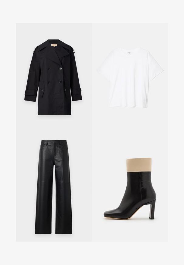 Cămașă neagră, cu dublu rând de nasturi, trenci cu guler larg, nasturi și buzunare laterale. Fabricată dintr-un material neted, cu o croială dreaptă și mâneci cu mansete.; Tricou alb din bumbac, cu mâneci scurte, guler rotund, croi lejer și tiv cusut. Eticheta este vizibilă pe interiorul gulerului.; Pantaloni din piele neagră cu picioare largi, având o textură netedă, cu buzunare frontale, sistem de închidere cu buton și detalii de cusătură subtile.; Cizmă din piele neagră până la gleznă, cu accente crem în partea de sus, vârf ascuțit și toc înalt cu accente argintii. Textură netedă, fără modele vizibile.