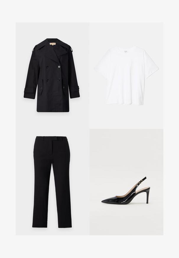 Černý dvojřadý trenčkot s širokým límcem, knoflíky a bočními kapsami. Vyroben z hladkého materiálu se rovnými liniemi a manžetovými rukávy.; Bílý bavlněný tričko s krátkým rukávem, kulatým výstřihem, volným střihem a šitým lemem. Nálepka viditelná na vnitřní straně výstřihu.; Černé kalhoty rovného střihu s plochým předním dílem, pasem a poutky na opasek. Hladký materiál, minimální detaily šití a žádné viditelné kapsy.; Černé lakované slingback lodičky s špičatou špičkou, úzkým podpatkem a jemným výřezem. Obsahují zlatou sponu na řemínku.