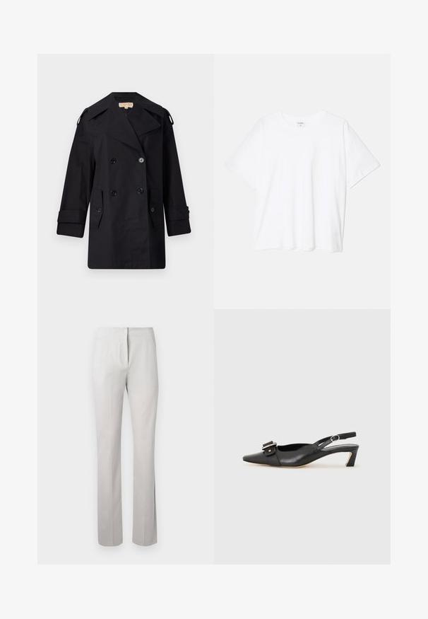 Črn dvojnikičasti plašč s širokim ovratnikom, gumbi in stranskimi žepi. Narejen iz gladkega materiala, z ravnim krojem in manšetami.; Bela bombažna majica s kratkimi rokavi, okroglim izrezom, sproščenim krojem in šivanim robom. Oznaka vidna na notranji strani izreza.; Svetlo sivi, krojeni hlače z gladko teksturo, ravnim krojem in srednje visokim pasom. Imajo sprednji zadrgo in stranske žepe.; Črne usnjene slingback čevlje z ostrim nosom, majhnim petam in dekorativno sponko na zgornjem delu. Gladka tekstura, minimalistična zasnova.