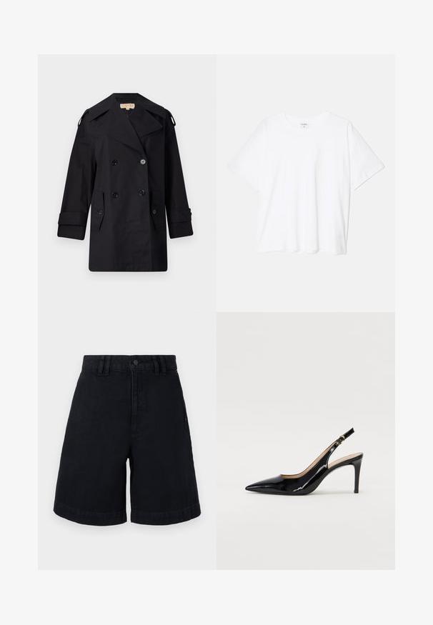 Čierny dvojradový trenčkot s širokým golierom, gombíkmi a bočnými vreckami. Vyrobený z hladkej látky s rovným strihom a manžetami.; Biely bavlnený tričko s krátkymi rukávmi, okrúhlym výstrihom, voľným strihom a prešitým lemom. Štítok viditeľný na vnútornom krku.; Čierne denimmové šortky so rovnými nohavicami, s uzáverom na gombík, pútkami na opasok a ohnutými lemami. Hladká textúra s jemnými švovými detailmi.; Čierne lakované kožené slingback lodičky s špicatou špičkou, štíhlým podpätkom a jemným výrezom. Obsahuje zlatú pracku na remienku.
