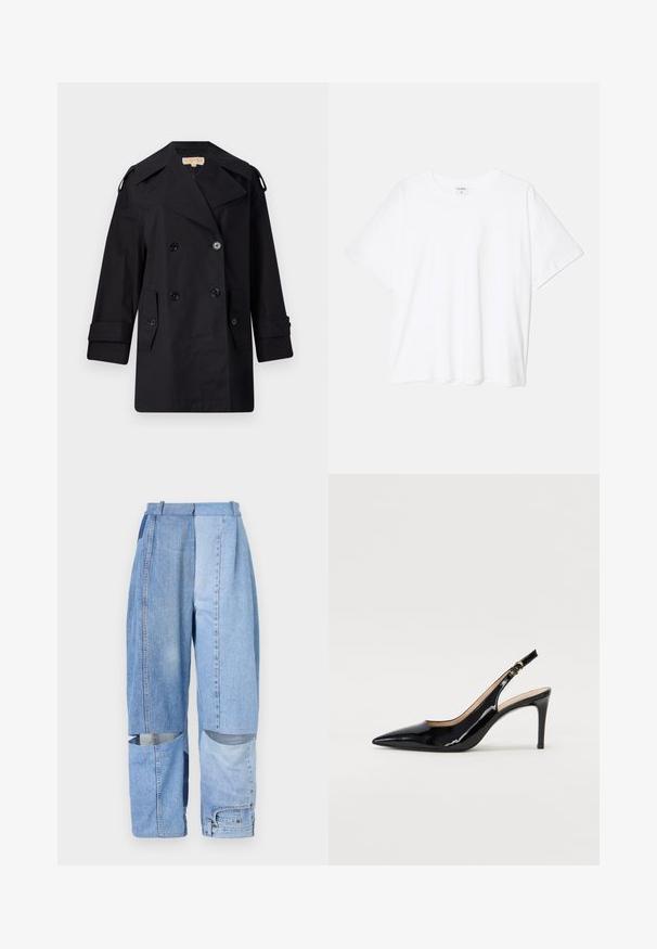 Czarny podwójnie zapinany płaszcz przeciwdeszczowy z szerokim kołnierzem, guzikami i bocznymi kieszeniami. Wykonany z gładkiego materiału, o prostym kroju i mankietach.; Biała bawełniana koszulka z krótkim rękawem, okrągłym dekoltem, luźnym krojem i przeszytym brzegiem. Metka widoczna wewnątrz dekoltu.; Spodnie dżinsowe z wzorem patchworkowym w różnych odcieniach niebieskiego, luźny krój, wiele kieszeni oraz wycięcia na końcu nogawek.; Czarne lakierowane szpilki typu slingback z szpiczastym noskiem, smukłym obcasem i subtelnym wycięciem. Posiadają złotą klamrę na pasku.