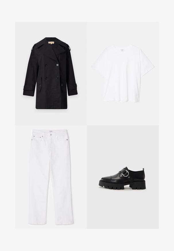 Cămașă neagră, cu dublu rând de nasturi, trenci cu guler larg, nasturi și buzunare laterale. Fabricată dintr-un material neted, cu o croială dreaptă și mâneci cu mansete.; Tricou alb din bumbac, cu mâneci scurte, guler rotund, croi lejer și tiv cusut. Eticheta este vizibilă pe interiorul gulerului.; Pantaloni din denim alb cu un design drept, prezentând un aranjament clasic cu cinci buzunare și accente din metal argintiu la talie.; Pantofi din piele neagră cu o talpă groasă, nervurată, având un accent circular din metalargintiu și un detaliu minim de cusătură.