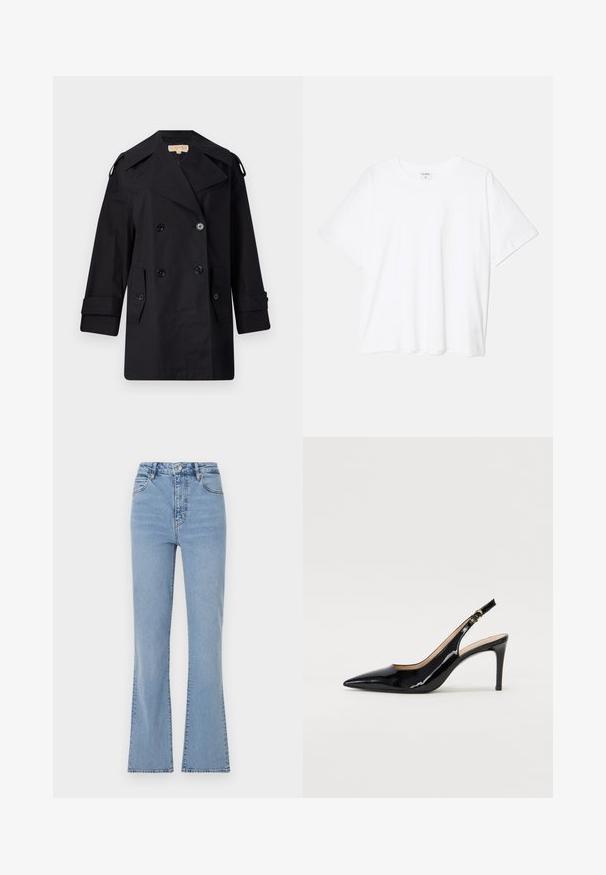 Schwarzer doppelter Trenchcoat mit breitem Kragen, Knöpfen und Seitentaschen. Hergestellt aus einem glatten Stoff mit geradem Schnitt und umgeschlagenen Ärmeln.; Weißes Baumwoll-T-Shirt mit kurzen Ärmeln, runder Halslinie, lockerer Passform und genähtem Saum. Etikett sichtbar am inneren Kragen.; Hellblaue Schlagjeans mit hoher Taille, aus Denim gefertigt. Sie verfügen über einen vorderen Knopf- und Reißverschluss sowie sichtbare Nähte entlang der Seitennähte.; Schwarz lackierte Slingback-Pumps mit spitzem Zehenbereich, schlankem Absatz und einem subtilen Ausschnittdesign. Verfügt über eine goldene Schnalle am Riemen.