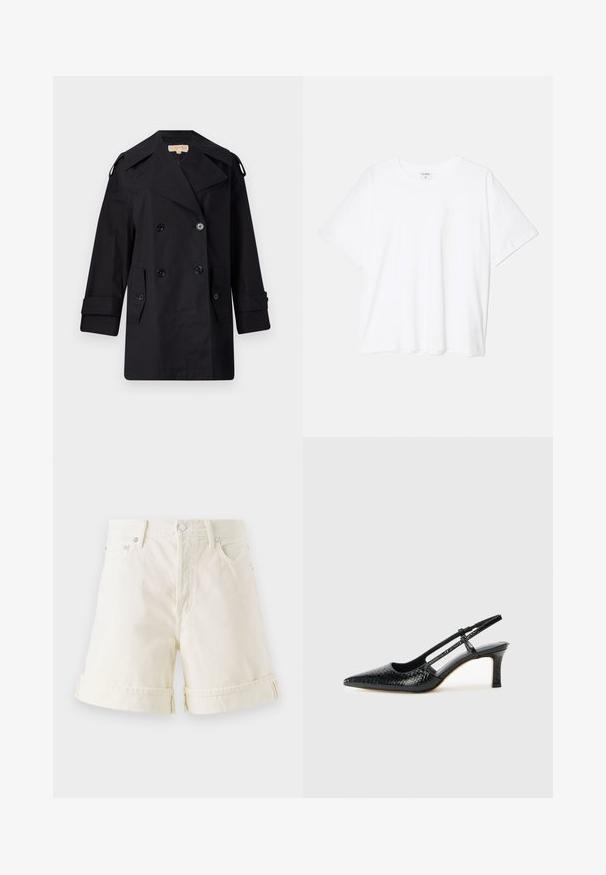 Zwarte dubbelzijdige trenchcoat met een brede kraag, knopen en zijzakken. Gemaakt van een gladde stof met een rechte snit en opgerolde mouwen.; Witte katoenen t-shirt met korte mouwen, ronde halslijn, comfortabele pasvorm en gestikte zoom. Etiket zichtbaar aan de binnenzijde van de hals.; Lichtgekleurde denim shorts met een rechte snit, opgerolde mouwen en een klassiek vijf-pocket ontwerp. Met zilveren metalen hardware.; Zwart patent slingback hak met een spitse neus, voorzien van een gestructureerde slangenprint, verstelbare band en een korte, gestructureerde blokhak.