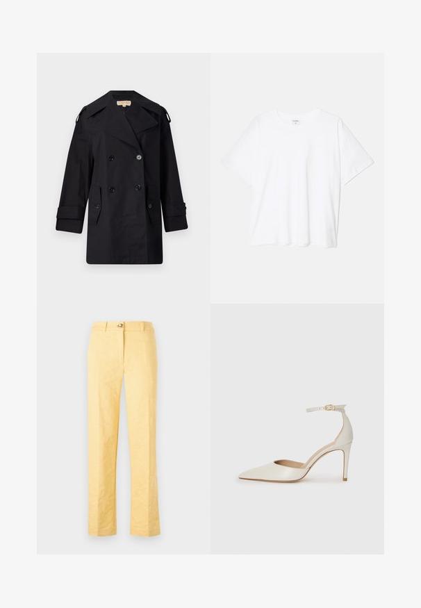 Crni dvostruko duguljasti kaput s širokim ovratom, kopčama i bočnim džepovima. Izrađen je od glatkog materijala s ravnim krojem i rukavima s manžetama.; Bijela pamučna majica s kratkim rukavima, okruglim izrezom, opuštenim krojem i šivenim rubom. Etiketa je vidljiva na unutarnjoj strani vrata.; Žute krojene hlače s teksturiranim cvjetnim uzorkom, ravnog kroja, zatvaranjem na gumb i petljama za pojas na struku.; Bijela kožna visoko potpetica s oštrim vrhom, remenom oko članaka i tankom stiletto potpeticom. Glatka tekstura s blagim sjajnim završetkom.