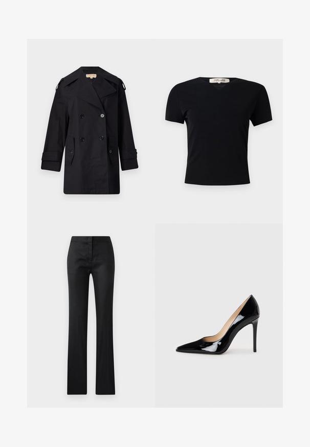 Schwarzer doppelter Trenchcoat mit breitem Kragen, Knöpfen und Seitentaschen. Hergestellt aus einem glatten Stoff mit geradem Schnitt und umgeschlagenen Ärmeln.; Schwarzes T-Shirt mit kurzen Ärmeln und V-Ausschnitt, aus einem glatten, elastischen Stoff hergestellt. Besitzt eine einfache, klassische Silhouette ohne Verzierungen.; Schwarze, eng anliegende Hosen mit glatter Textur, leicht glänzender Oberfläche und geradem Bein. Keine sichtbaren Beschläge oder Muster.; Schwarze Lackleder-Pumps mit High Heels und spitzem Design sowie einer eleganten Silhouette. Verfügt über eine glatte, glänzende Oberfläche und einen schlanken Stiletto-Absatz.