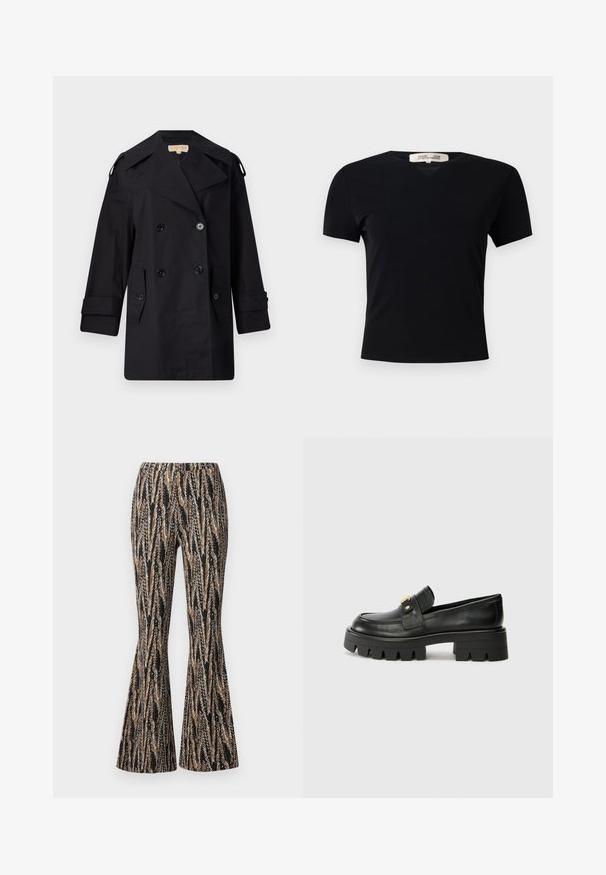 Juodas dvigubas paltas su plačiu apykakle, mygtukais ir šoninėmis kišenėmis. Pagamintas iš lygaus audinio su tiesia kirpimo linija ir rankovėmis su atvartais.; Juodas trumpas rankovės marškinėliai su V formos iškirpte, pagaminti iš lygaus, tampraus audinio. Pasižymi paprasta, klasikinė siluetu be dekoracijų.; Diane von Furstenberg BURANO PANTS - Kelnės - black; Juodi odiniai loafers batai su masyviu padu, papuošti auksiniu akcentu priekyje ir lygiu paviršiumi. Masyvi protektoriaus dizaino išvaizda padais.