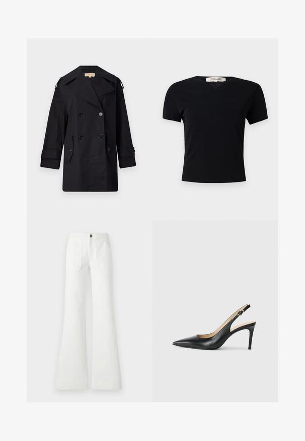 Must musta kahekordne trench coat laia kraega, nuppude ja küljetaskutega. Valmistatud siledast kangast, sirge lõike ja mansettidega varrukatega.; Must t-särk lühikeste varrukatega ja V-kaelusega, valmistatud siledast ja venivast kangast. Omab lihtsat ja klassikalist siluetti, millel puuduvad kaunistused.; Valged laienevad püksid, mis on valmistatud kootud kangast, omavad punutud vööd, kahte esimest taskut ja siledat tekstuuri. Suletud musta nupuga.; Mustad nahast seljataga kõrged kontsad, kellel on terav varvas, reguleeritav rihm ja sujuva viimistlusega stiilne stiletto konts.