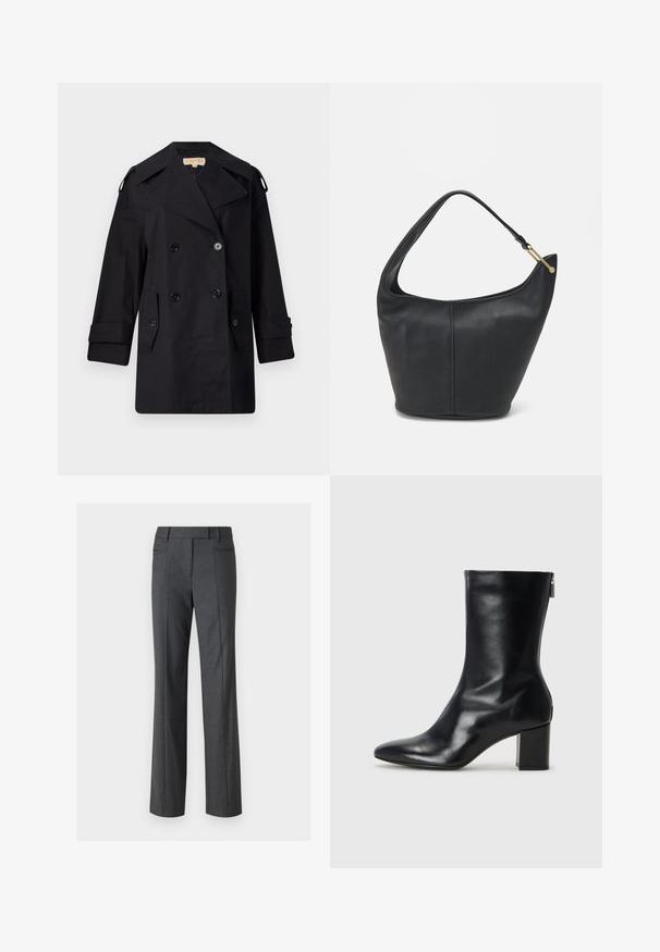 Melnā divrindas trencote ar platu apkakli, pogām un sānu kabatām. Izgatavots no gludas auduma ar taisnu piegriezumu un aproču piedurknēm.; Krēmveidīga T-kreklu ar īsām piedurknēm, apaļo kakla izgriezumu, izgatavota no mīksta materiāla, ar taisnu griezumu un minimālu dekoru.; Gai pielāgotie bikses, taisna griezuma, izgatavotas no gludas auduma. Iekļauj divas priekšējās kabatas un plakanu priekšpuses dizainu.; Melna ādas potītes zābaks ar norādītu purngalu un 4 cm bloku papēdi. Gluds dizains ar sānu rāvējslēdzēju vieglai uzvilkšanai. Gluda tekstūra.; Melnas ādas rokassomi ar noapaļotu formu, platu siksnu un strukturētu apdari. Iezīmējas ar nelielām šuvju detaļām un zelta tonī izstrādātu aparatūru.