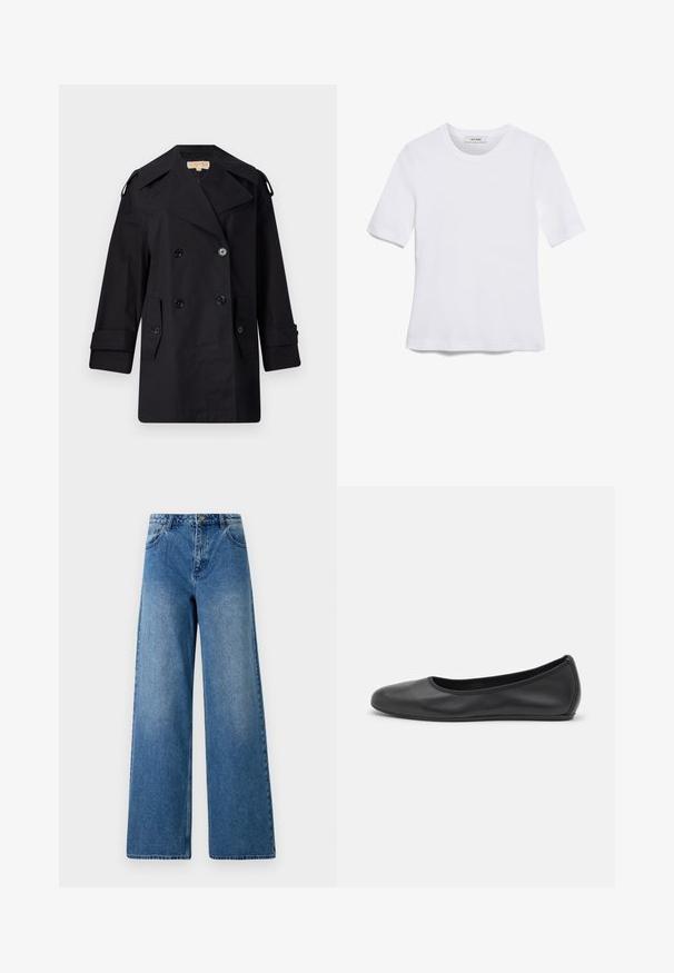 Crni dvostruko duguljasti kaput s širokim ovratom, kopčama i bočnim džepovima. Izrađen je od glatkog materijala s ravnim krojem i rukavima s manžetama.; Bijela majica s kratkim rukavima izrađena od rebraste tkanine. Okrugli izrez, klasičan kroj i suptilni detalji šivanja. Bez uzoraka ili grafika.; Široke traperice od plavog denima. Imaju visoki struk, pet džepova i prednje zatvaranje na dugme. Glatka tekstura s blagim pojašnjenjem boje.; Crne kožne baletanke s zaobljenim vrhom, glatke teksture, minimalnim detaljima šavova i fleksibilnim dizajnom potplata.