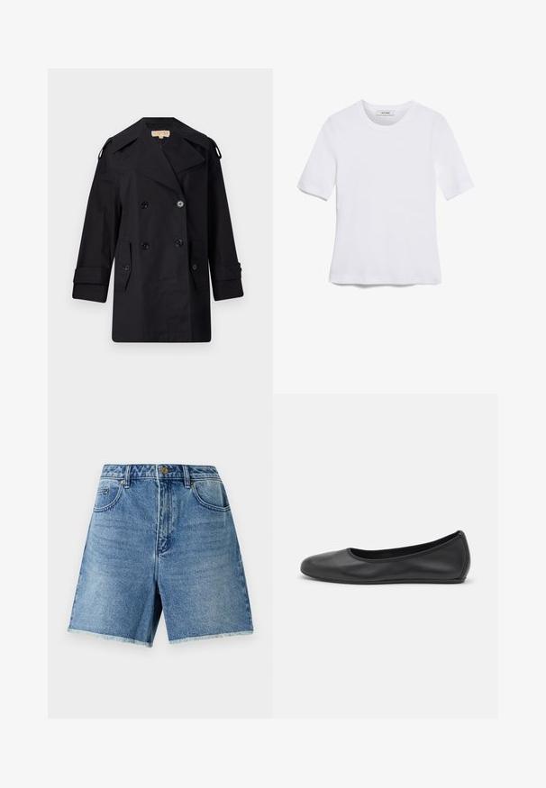 Black double-breasted trench coat with a wide collar, buttons, and side pockets. Made from a smooth fabric with a straight cut and cuffed sleeves.; White short-sleeve t-shirt made of ribbed fabric. Round neckline, regular fit, and subtle stitching details. No patterns or graphics.; Denim shorts in light blue, featuring a high waist, button closure, front pockets, and frayed hemline for a relaxed fit.; Black leather ballet flat with a rounded toe, smooth texture, minimal stitching detail, and a flexible sole design.