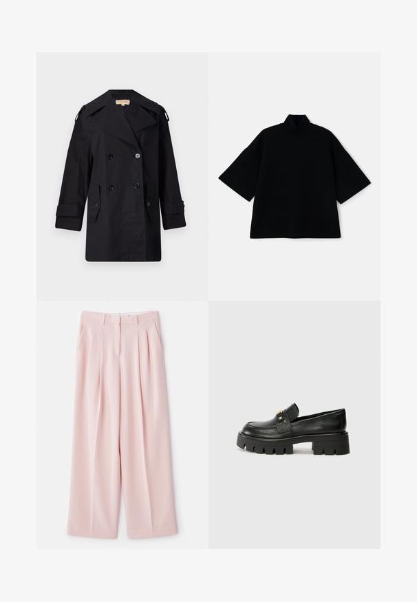 Melnā divrindas trencote ar platu apkakli, pogām un sānu kabatām. Izgatavots no gludas auduma ar taisnu piegriezumu un aproču piedurknēm.; Melnā brīvā krekla ar īsām platām piedurknēm un neformatētu apkakli. Audums izskatās mīksts ar gludu tekstūru.; Pallīdā rozā platās bikses ar priekšējām krokām, strukturētu jostasvieta un gludu auduma apdari. Iekļauj divas sānu kabatas.; Melni ādas mokasīni ar masīvu zoli, ar zeltaini akcentu priekšā un gludu apdari. Masīva protektora dizains uz zoles.